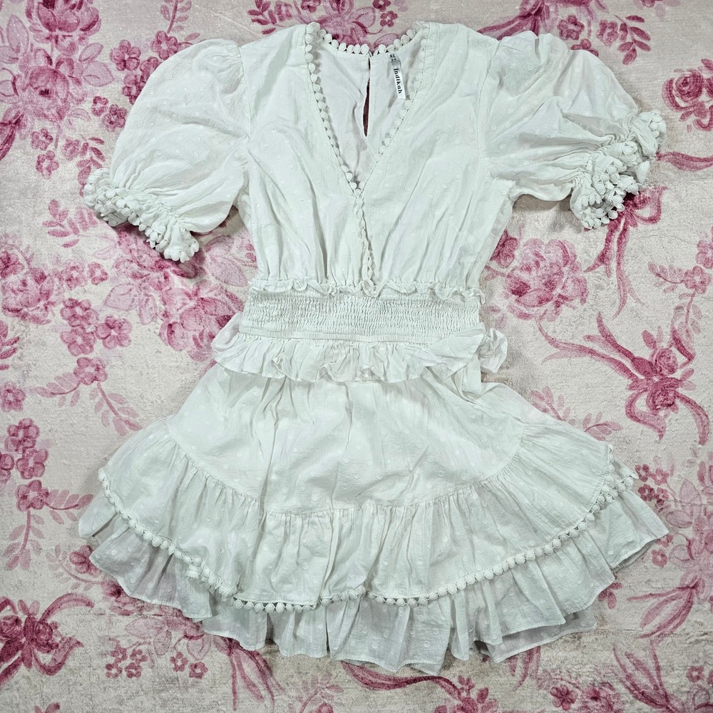 Indikah Mini Dress Womens M White Excellent Swiss Dot Pom Pom Ruffle Puff Sleeve
